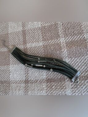 Olive Green Multi-Strand Suede and Silver Bead Bracelet